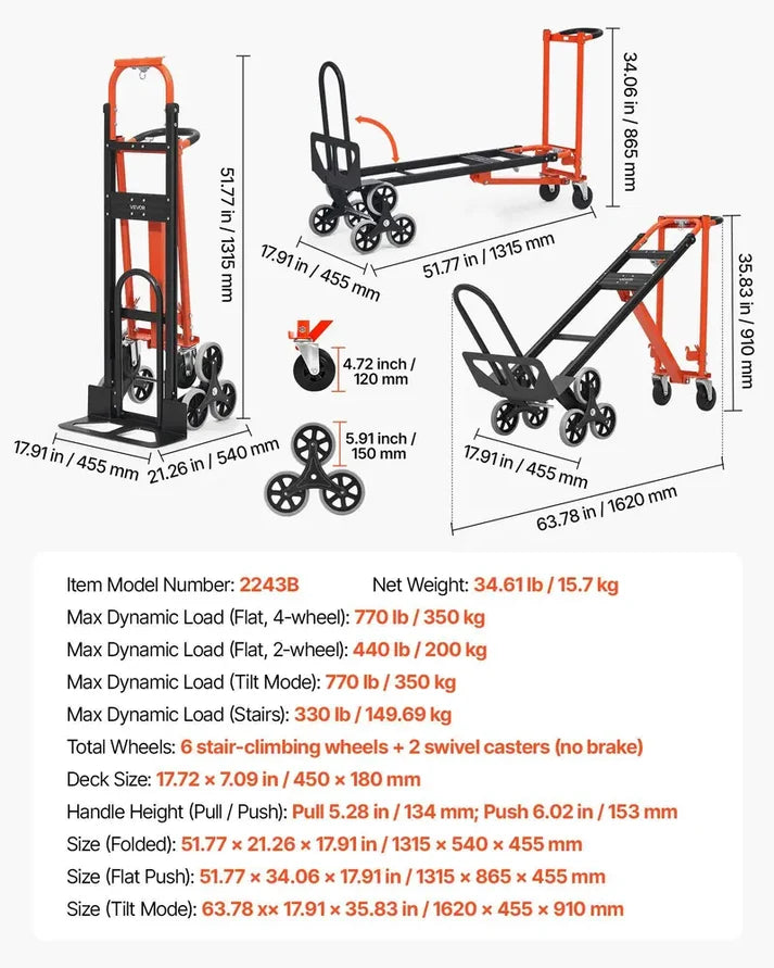 3-in-1 Stair Climbing Cart, Foldable Hand Truck with 770 lbs Capacity