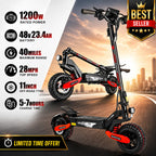 1200W Long Range Adult Electric Scooter,40 Miles Range,28 MPH Speed,11-Inch Pneumatic Tires,Dual Suspension,330 lbs Load Capacity
