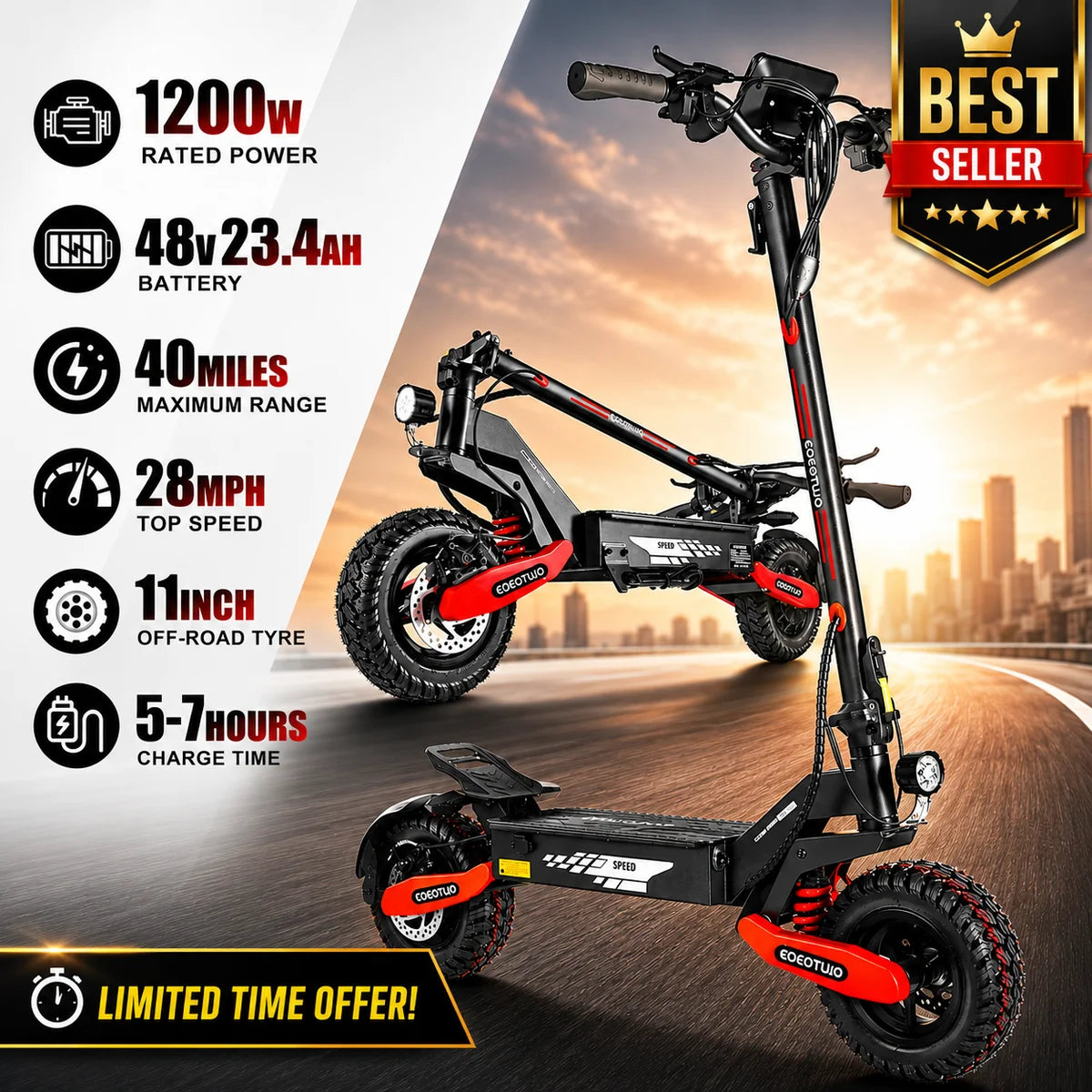 1200W Long Range Adult Electric Scooter,40 Miles Range,28 MPH Speed,11-Inch Pneumatic Tires,Dual Suspension,330 lbs Load Capacity