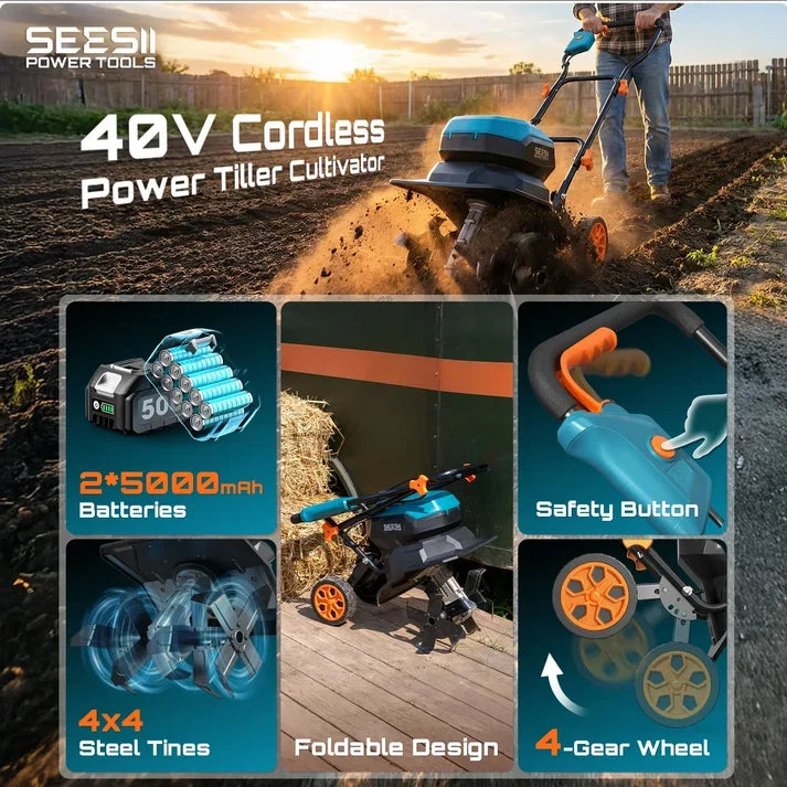 40V Cordless Electric Garden Tiller/Cultivator (Includes Two 5000mAh Batteries)