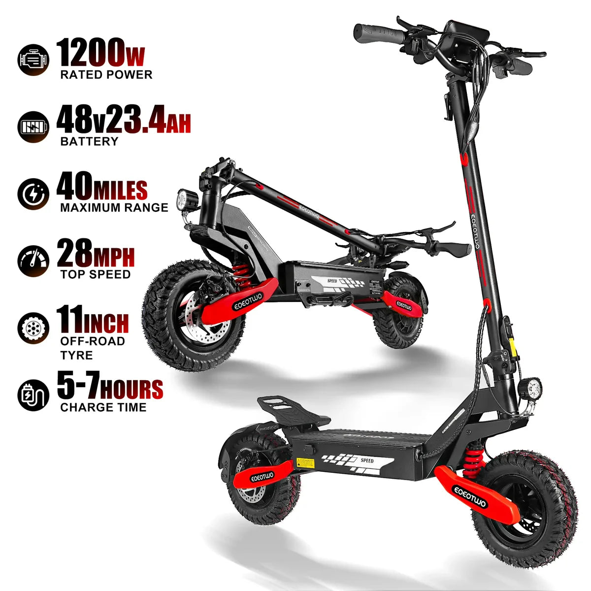 1200W Long Range Adult Electric Scooter,40 Miles Range,28 MPH Speed,11-Inch Pneumatic Tires,Dual Suspension,330 lbs Load Capacity