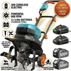 40V Cordless Electric Garden Tiller/Cultivator (Includes Two 5000mAh Batteries)