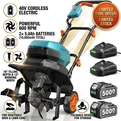 40V Cordless Electric Garden Tiller/Cultivator (Includes Two 5000mAh Batteries)